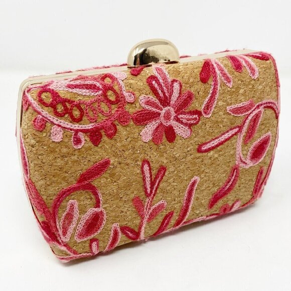 D'MARGEAUX NEW YORK | Pink Embroidered Floral Cork Clutch w/Crossbody Chain - Picture 1 of 8